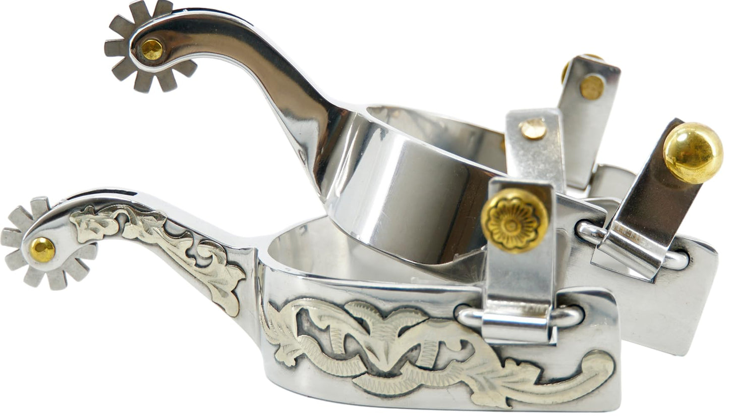 Jeereal Men's Western Stainless Steel Cowboy Spurs with Spur Straps, Engraved German Silver Trims,Iron 1" Band 2-1/4" Shank