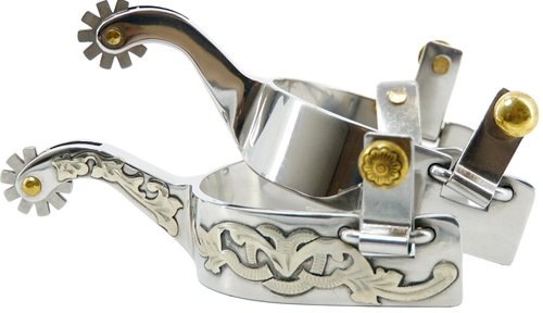 Jeereal Men's Western Stainless Steel Cowboy Spurs with Spur Straps, Engraved German Silver Trims,Iron 1" Band 2-1/4" Shank