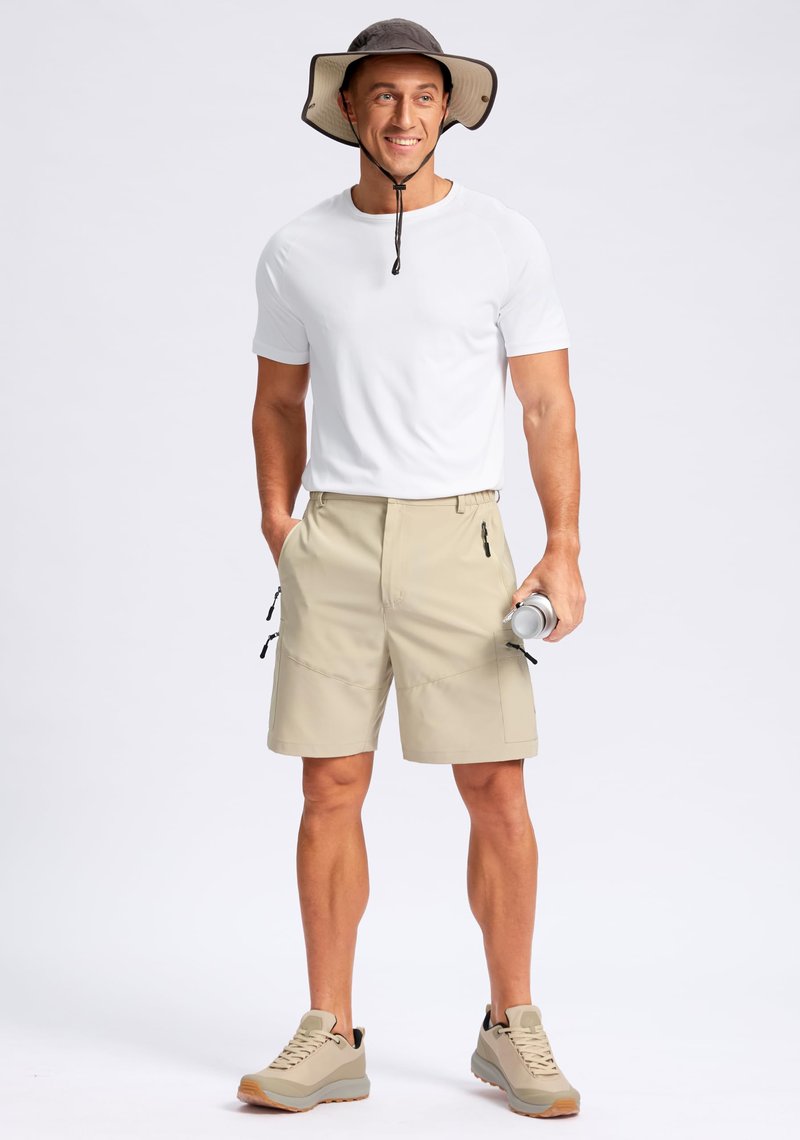 Pudolla Men's Hiking Cargo Shorts Lightweight 7" Travel Casual Shorts for Men Golf Work Outdoor with 5 Zipper Pockets(Khaki Large)