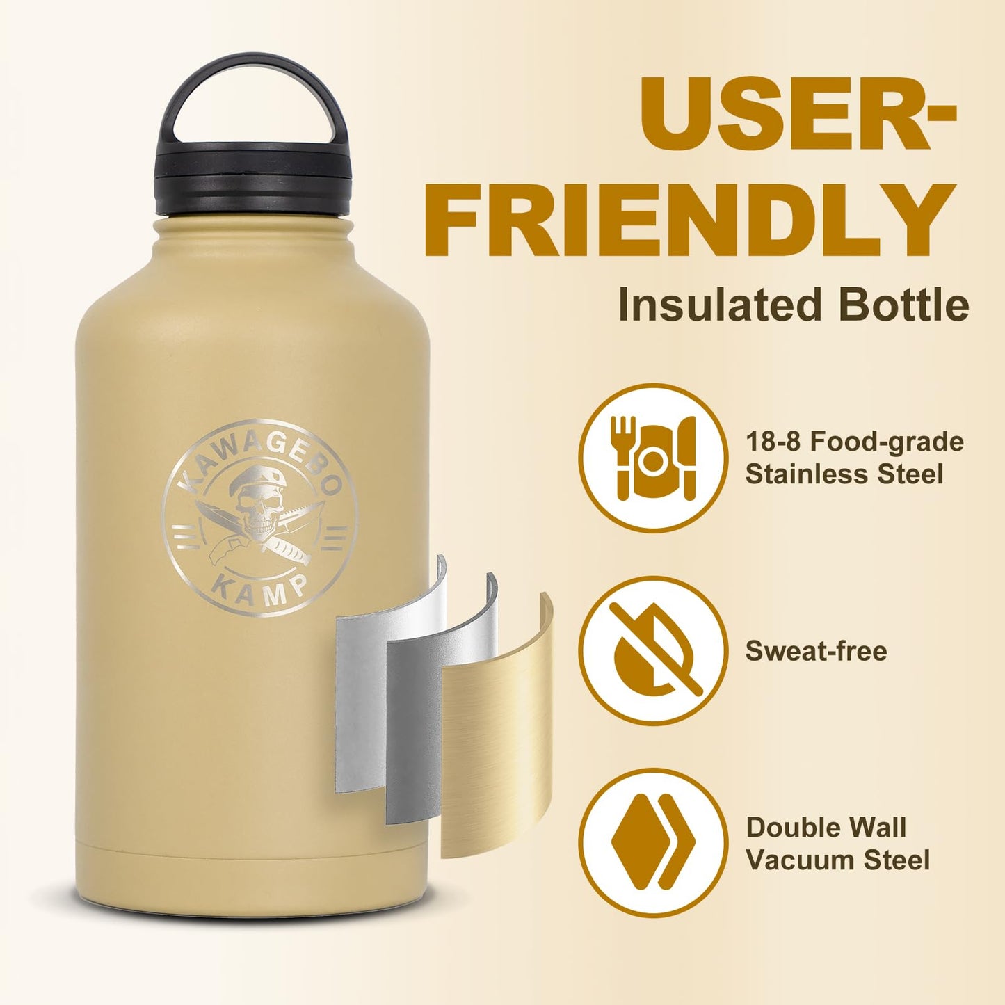 KawaGebo Kamp Half Gallon Tactical Water Bottle With Straw - Battle Bottle - 64 OZ Stainless Steel Water Jug with 3 Lids, Paracord Handle, Molle System