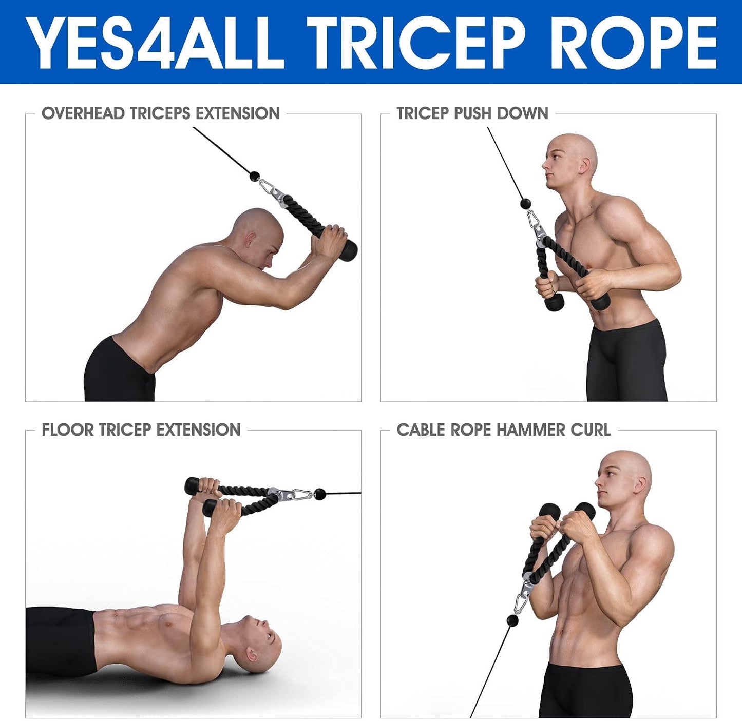 Yes4All Deluxe 27" Red Tricep Rope with Carabiner, Exercise Machine Attachments, Pulley System Pull Down Rope, LAT Cable Attachment for Row Machine & Cable Machine