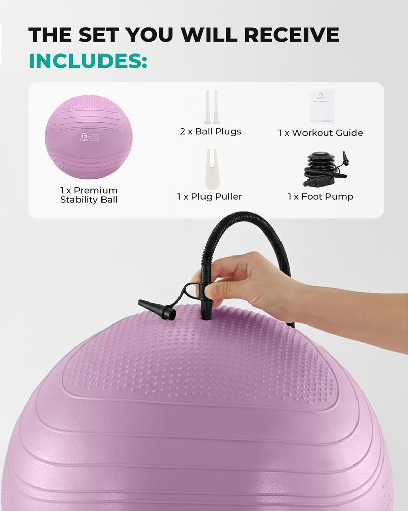Gruper Yoga Ball, Extra Thick Exercise Ball for Workout Pregnancy Stability - 4 Sizes Anti Burst Balance Ball for Yoga, Pilates, Fitness, Birthing, Physical Therapy - Includes Pump