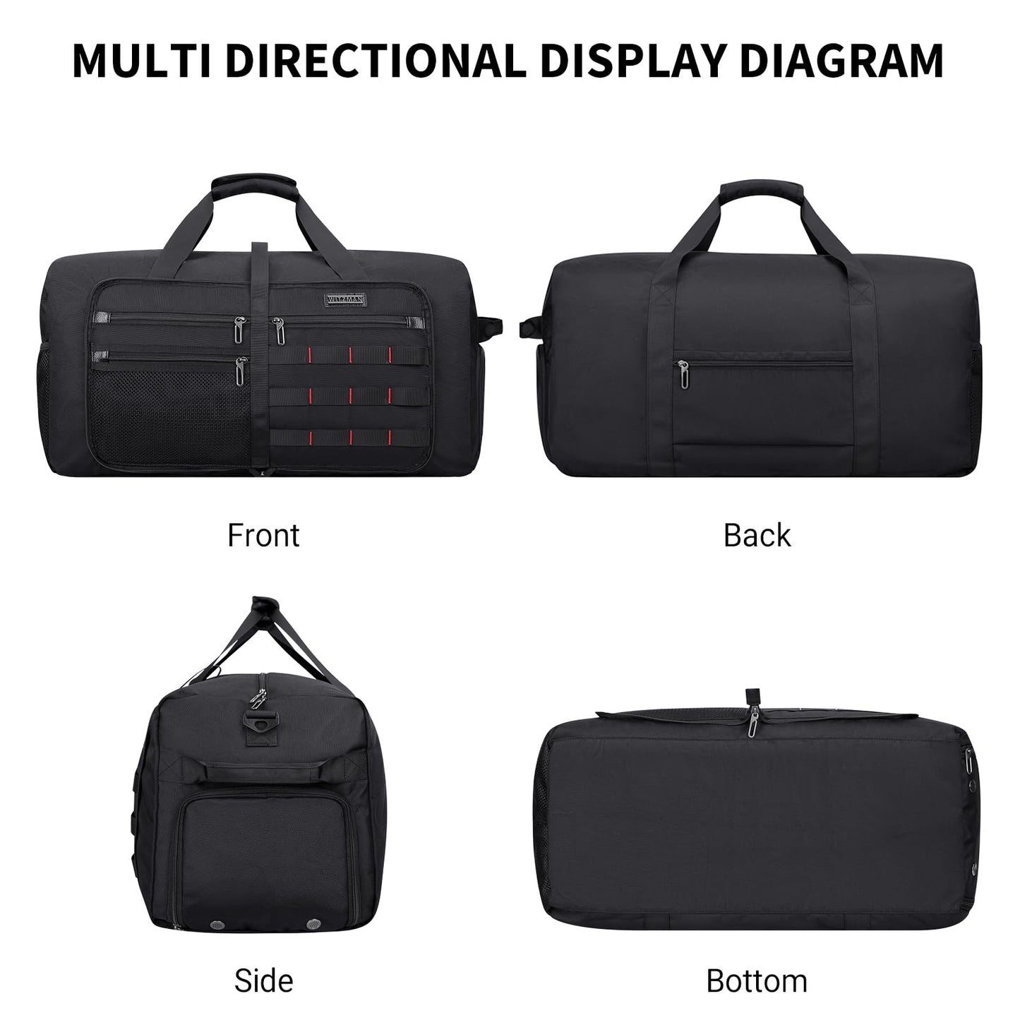 WITZMAN Foldable Duffle Bag for Men Large 65L Travel with Shoe Compartment