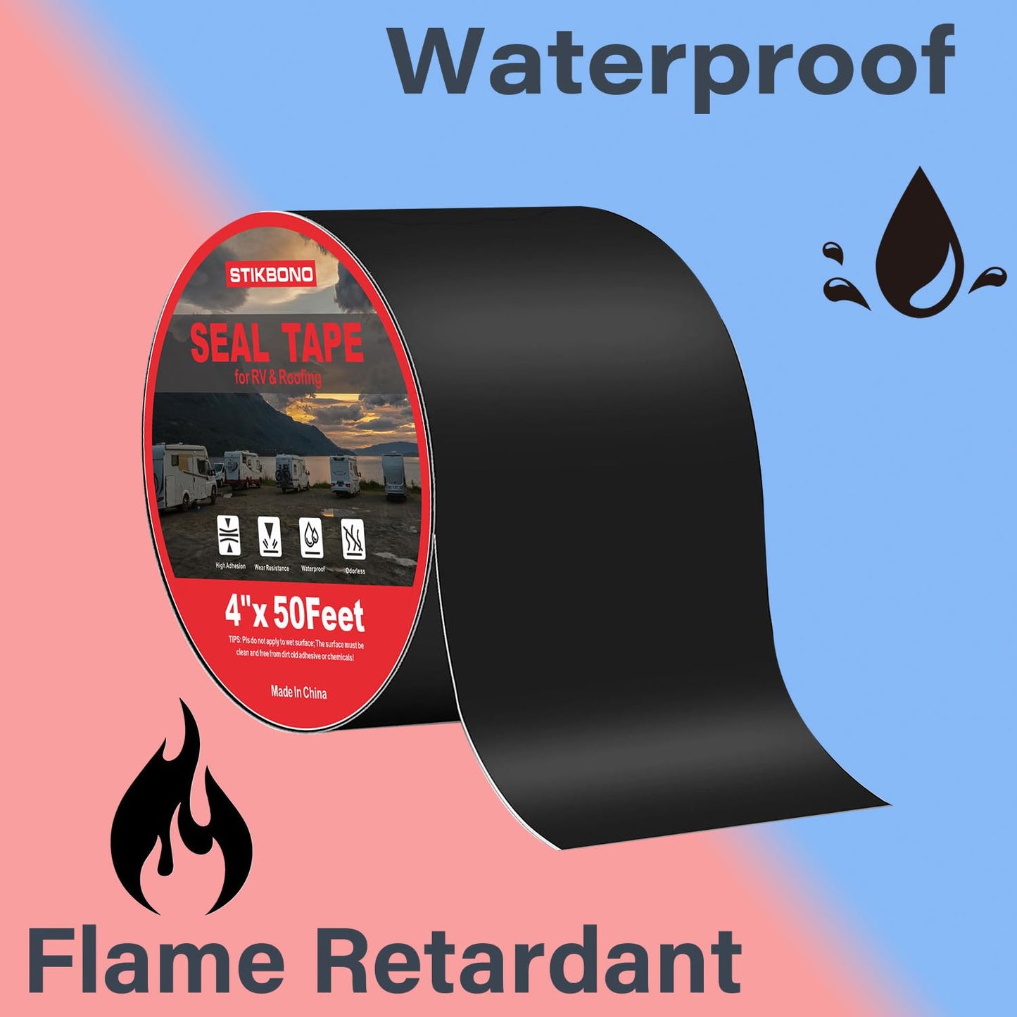 STIKBOND 4" x 50Ft 1-Pack Black RV Sealant Tape,Waterproof Commercial Roof Tape for Walls, Appliances, Vehicle Repairs, and Weatherproof
