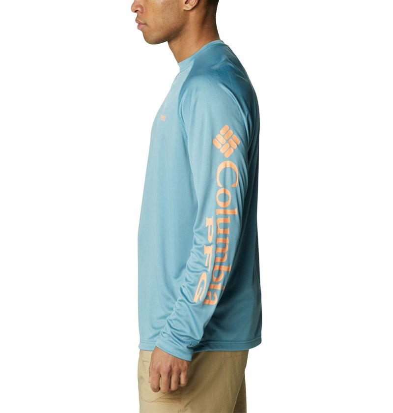 Columbia Men's Terminal Tackle Long Sleeve Shirt, Storm/Bright Nectar Logo, Large Tall