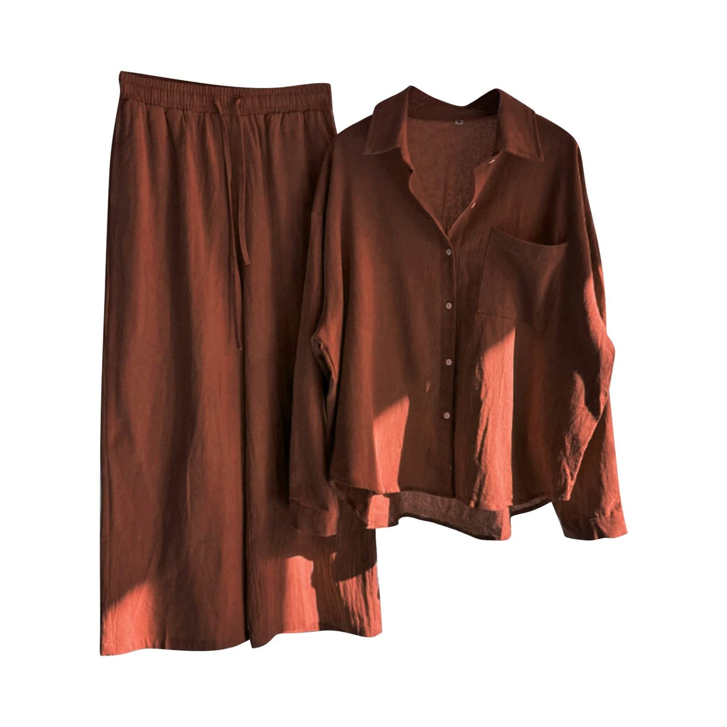 2 Piece Summer Outfits for Women Plus Size Cotton Linen Lounge Pants Sets Long Sleeve Button Shirt Casual Outfits