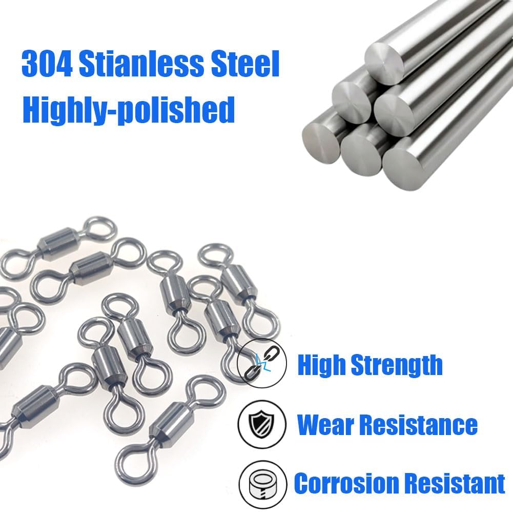 100 Pcs Fishing Swivels Saltwater, 100% 304 Stainless Steel Power Swivel Corrosion Resistance Barrel Swivels High Strength Freshwater Fishing Line Lure Leader Connectors