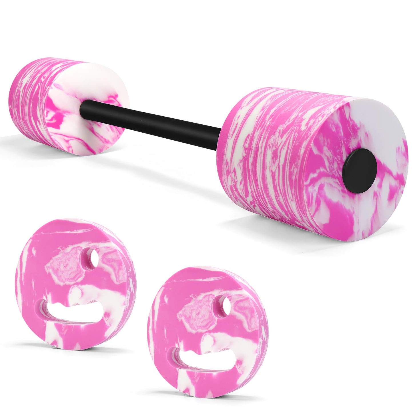 IEBIYO 29.3’’Aquatic Exercise Equipment Swim Barbell High Density EVA Foam Pool Barbell Swim Dumbbell with Water Exercise Discs Aquatic Fitness Equipment (Pink&White)