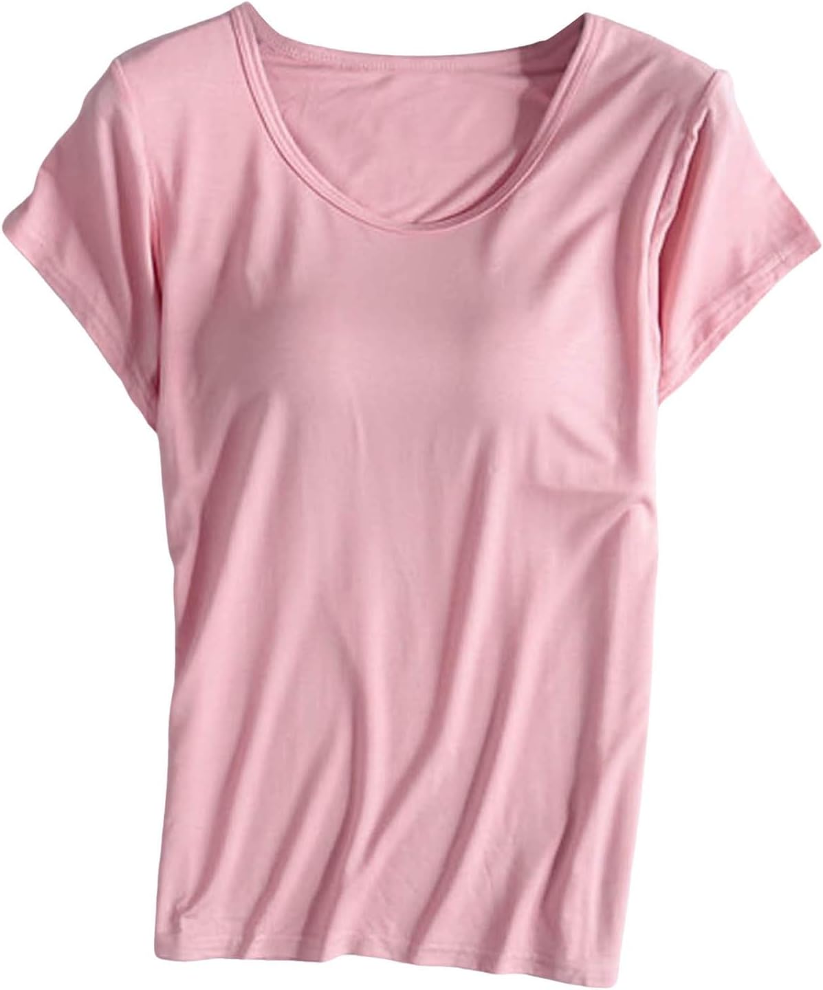 JiXiang Shirts with Built in Bras for Women Short Sleeves Crewneck Padded Tunics Tops Comfy Athletic Shelf Bra Active Tees