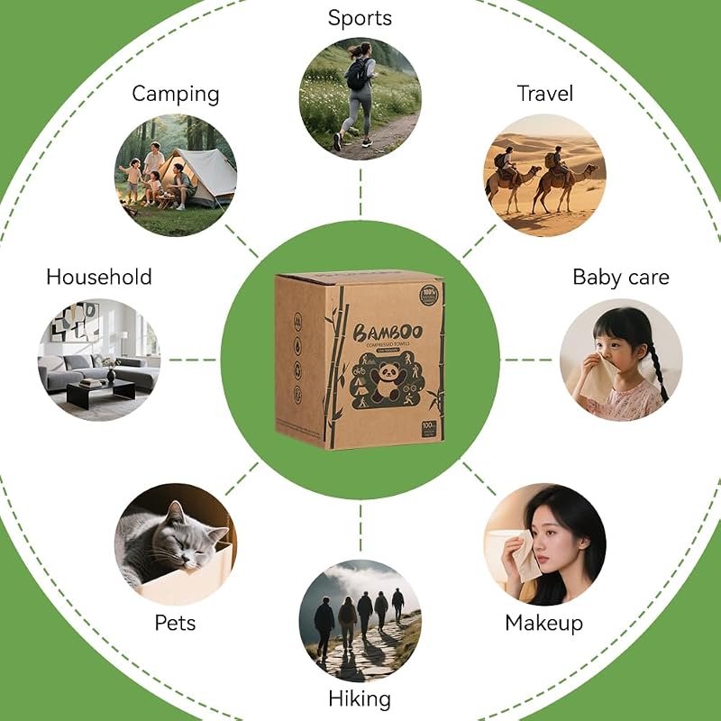 Brown-100-Pack Compressed Bamboo Towel Tablets with Metal Case for Camping
