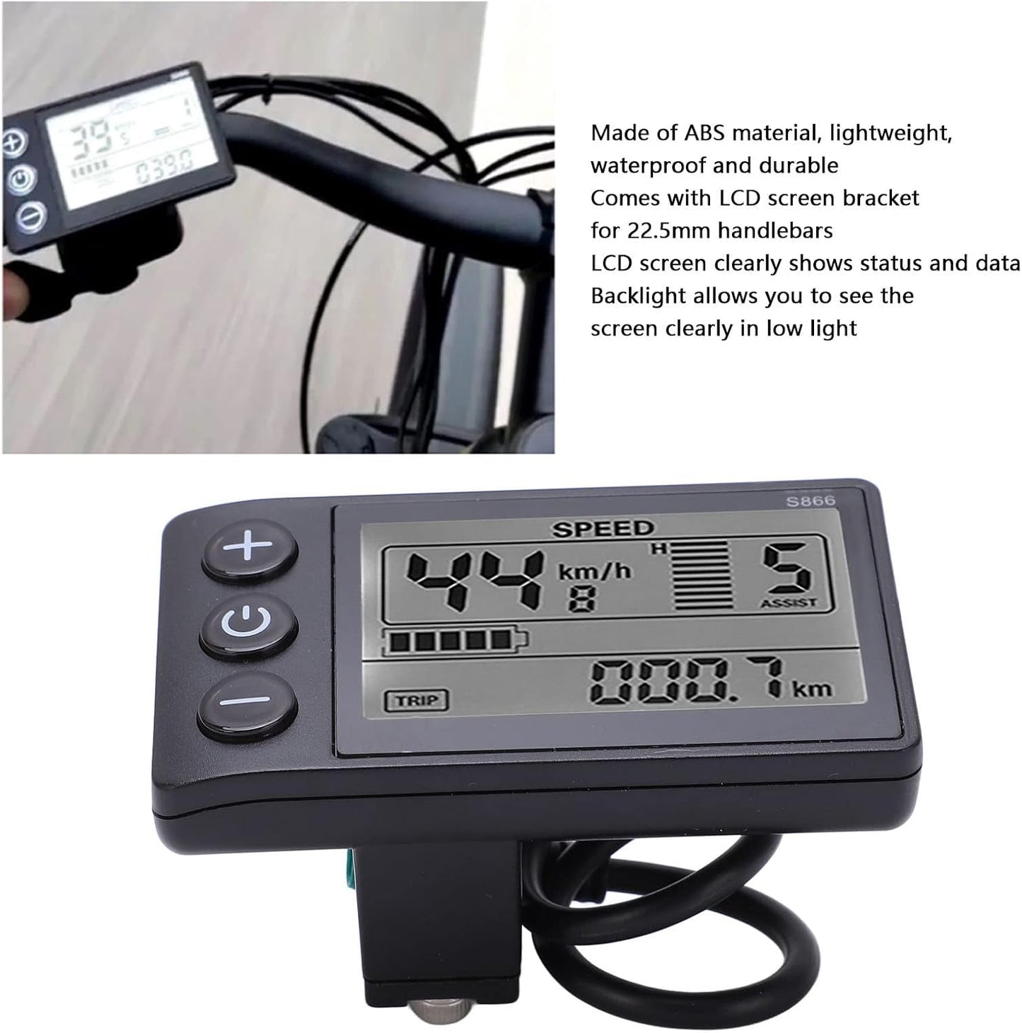 24V 36V 48V Electric Bicycle LCD Display, S866 Waterproof Electric LCD Display Control Panel Power Speed Meter for 22.2mm Electric Bike Handlebar E Bike Scooter Parts