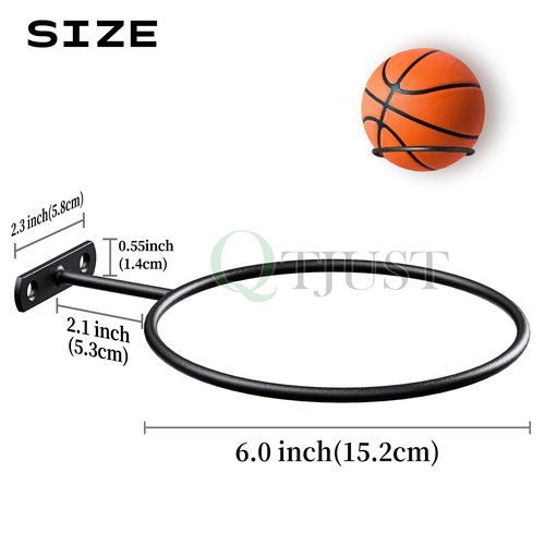 QTJUST 6in 4Pack Basketball Holder Wall Mmount Universal Ball Rack Metal Black Rack Holder Space Saver for Basketball Football Volleyball Soccer Storage Display Black