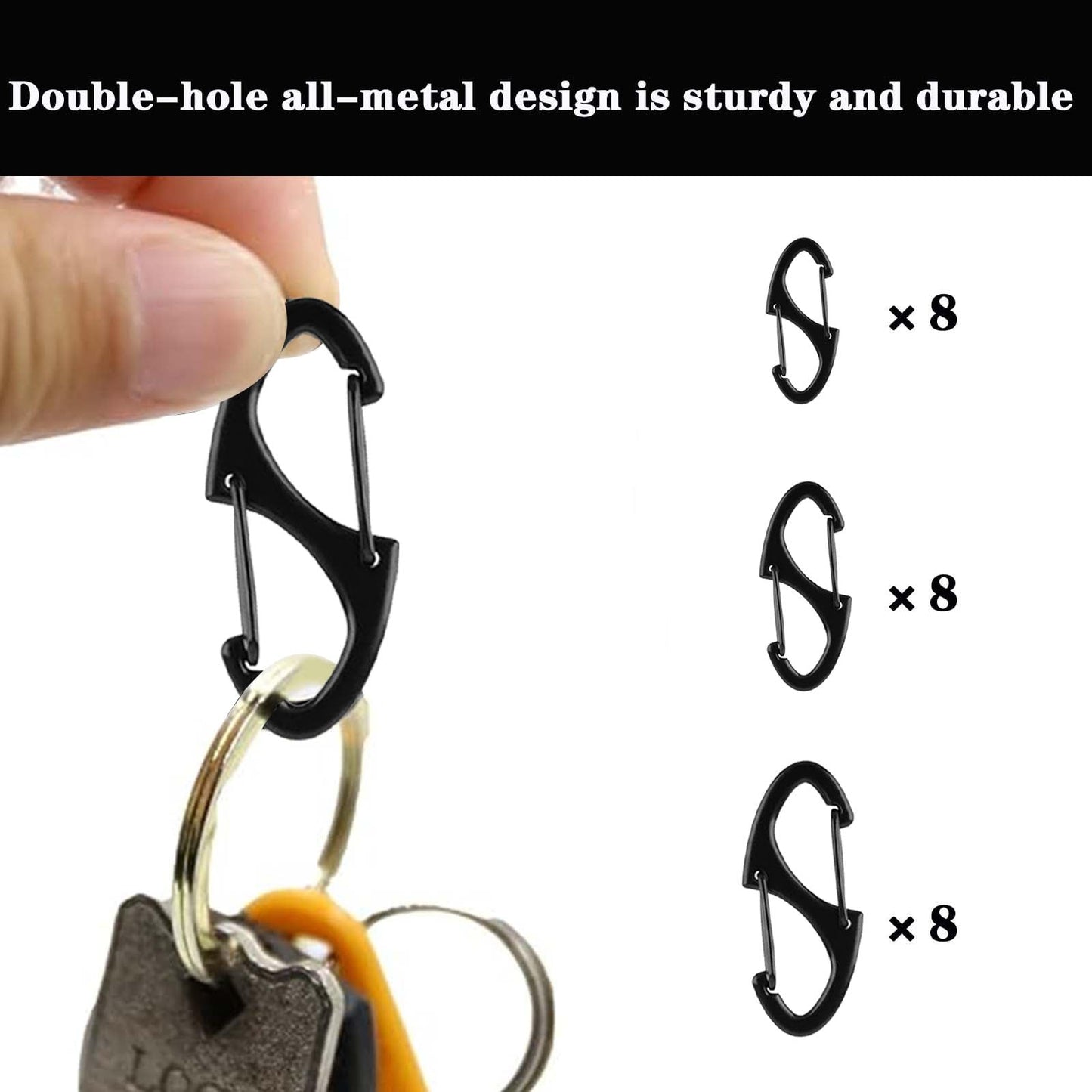 24pcs Small Carabiner Clip, S Clips Dual Opening Design, Replacement Mini Carabiner Clip (Black, 3 Sizes)