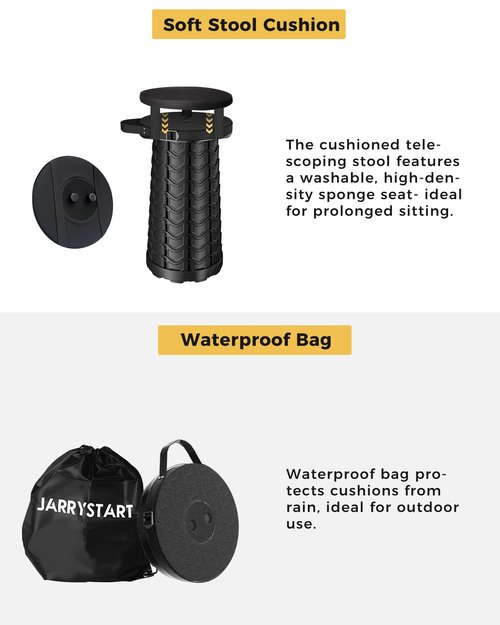 Upgraded Collapsible Stool with Detachable Cushion & Waterproof Bag - 400lbs Heavy Duty Portable Folding Stool for Adults, Telescoping Camping Seat with Carrying Straps for Fishing Hiking Travel BBQ