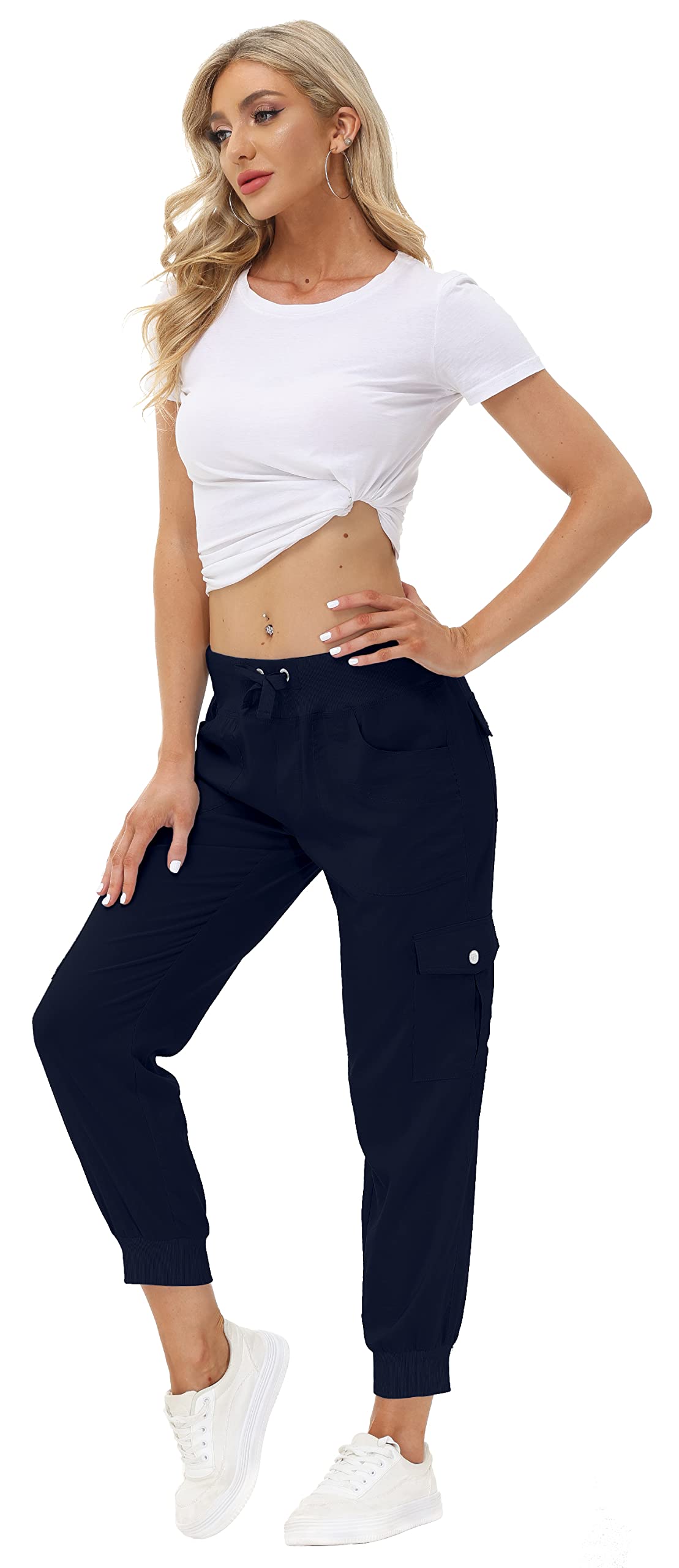 MoFiz Women Cargo Pants with Pockets Lightweight Outdoor Summer Travel Casual Hiking Pants Running Joggers Sweatpants Elastic Waist Navy XL