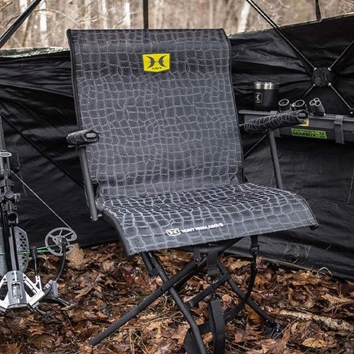 Hawk Stealth Spin Chair - Silent, Comfortable, Swiveling, Portable Chair for Camping, Hunting, Fishing, Backpacking, and More (Bone Collector Edition) , Black, 25"D x 24.75"W x 24.75"H