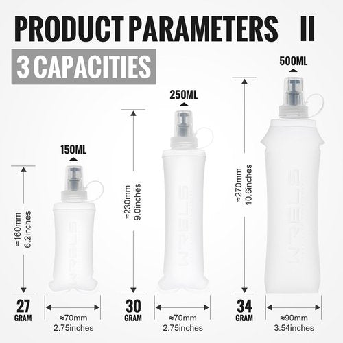 WRELS TPU Collapsible Soft Flask,Lightweight PBA Free Folding Running Water Bottles,Leakproof Durable Hydration Flask for Outdoors (500ml/16.9oz-2 Packs-White)