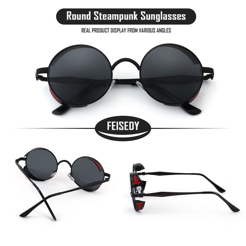 FEISEDY Retro Steampunk Sunglasses for Men Women, Round Metal Frame Gothic Vintage Style B2820