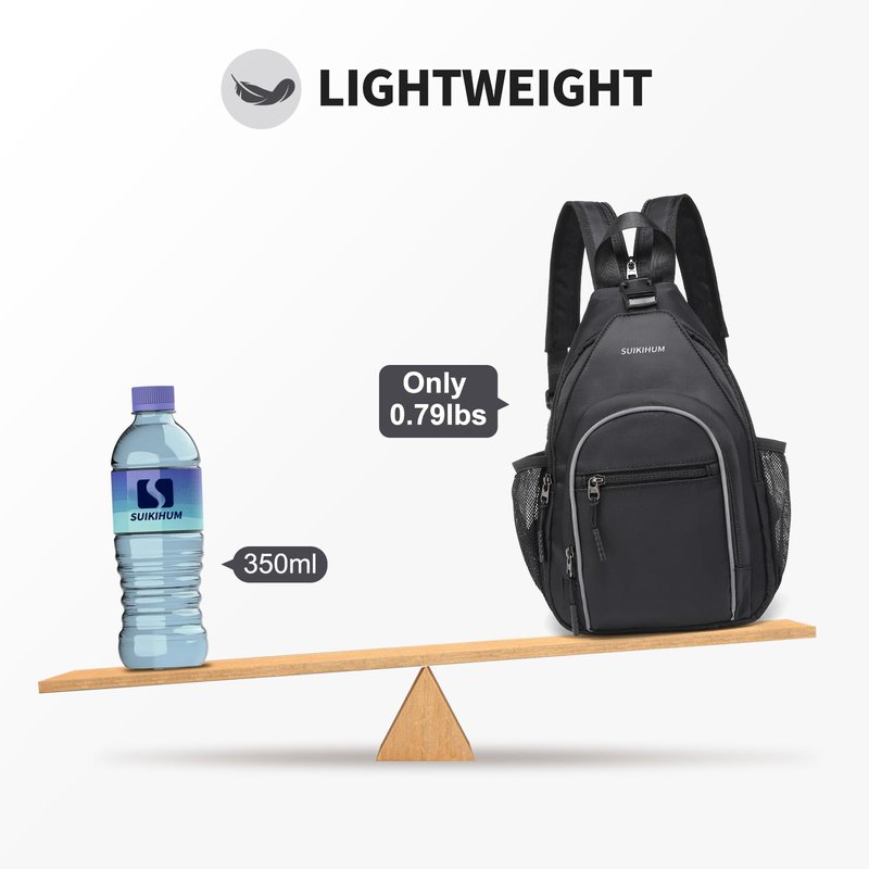 SUIKIHUM Crossbody Sling Bag with Water Bottle Holder, 8.3" Convertible Small Backpack Anti Theft Daypack, Chest Fanny Pack for Men Women, Black