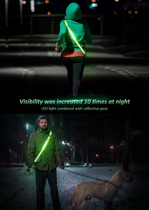 Ylzzrs LED Reflective Belt Sash Walking Gear,Safety Lights for Walkers at Night,High Visibility Safety Rechargeable Reflective Running Gear for Men Women Kids Night Dog Walking Gear (Green)