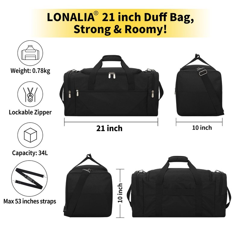 LONALIA Gym Bag Sport Duffle Bag for Men - 21 in Weekender Travel Bag with Trolley Sleeve (Black)