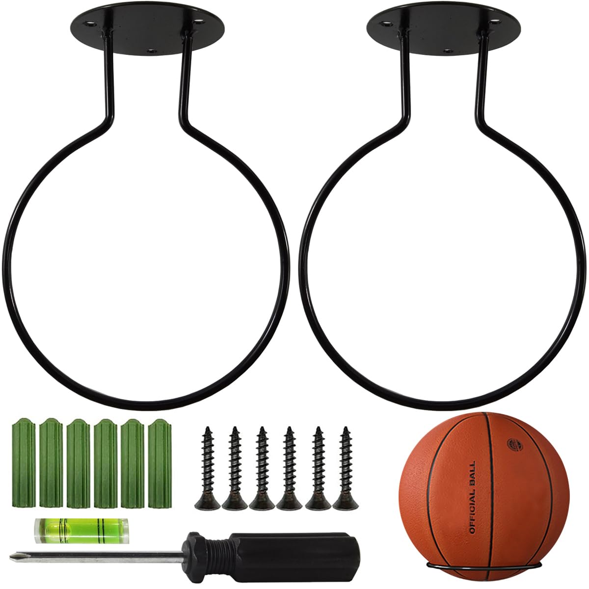 TIHOOD 2PCS Sports Ball Holders Wall Mount Display Rack Universal Ball Rack Metal Ball Holder Black Ball Rack Holder for Basketball Volleyball Rugby Soccer, Steel, Black