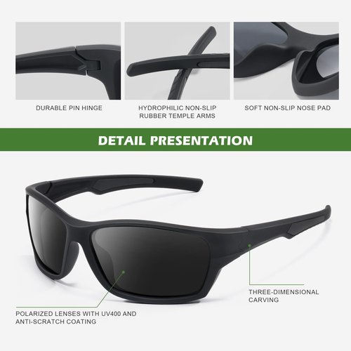 Fanshen Polarized Sunglasses for Men Women, Wrap Around Sunglasses for Mens Womens Cycling Fishing Running UV Protection (Black)