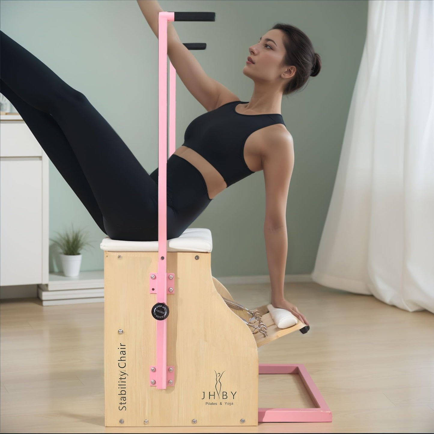 JHBYBMG Pilates Chair, Pilates Chair for Home Workouts, Sturdy Metal Frame (Black Frame White Cushion) (Pink)