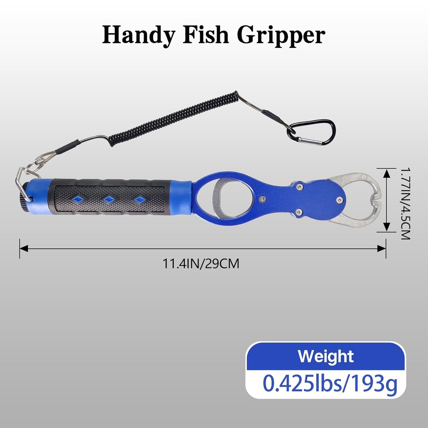11.4'' Heavy-Duty Fish Gripper with Scale Rustproof Aluminum Body, Non-Slip Rubber Handle, Built-in Weight Estimator & Wrist Lanyard