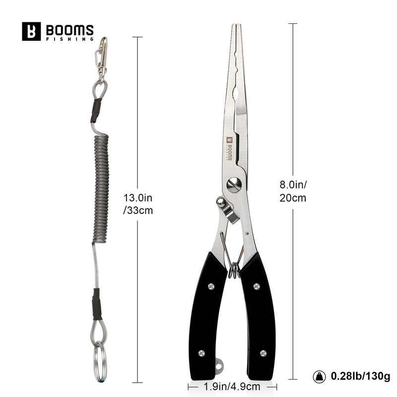Booms Fishing Pliers Hook Remover: 8" Long Nose Fish Pliers Stainless Steel for Saltwater - Braid Line Cutters with Coiled Lanyard and Safety Lock Design, Multi-Function Fishing Tool For Men, H06