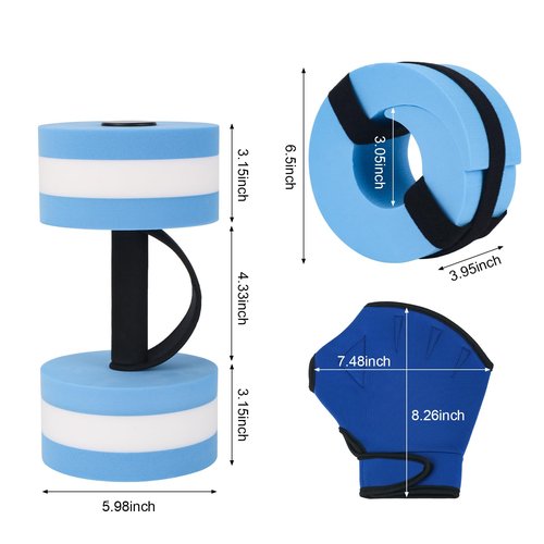 NEAGLORY 6 Pieces Aquatic Exercise Set Water Aerobics Set Pool Fitness Equipment Foam Water Dumbbell, Swim Aquatic Cuffs, Swimming Gloves for Exercise, Blue