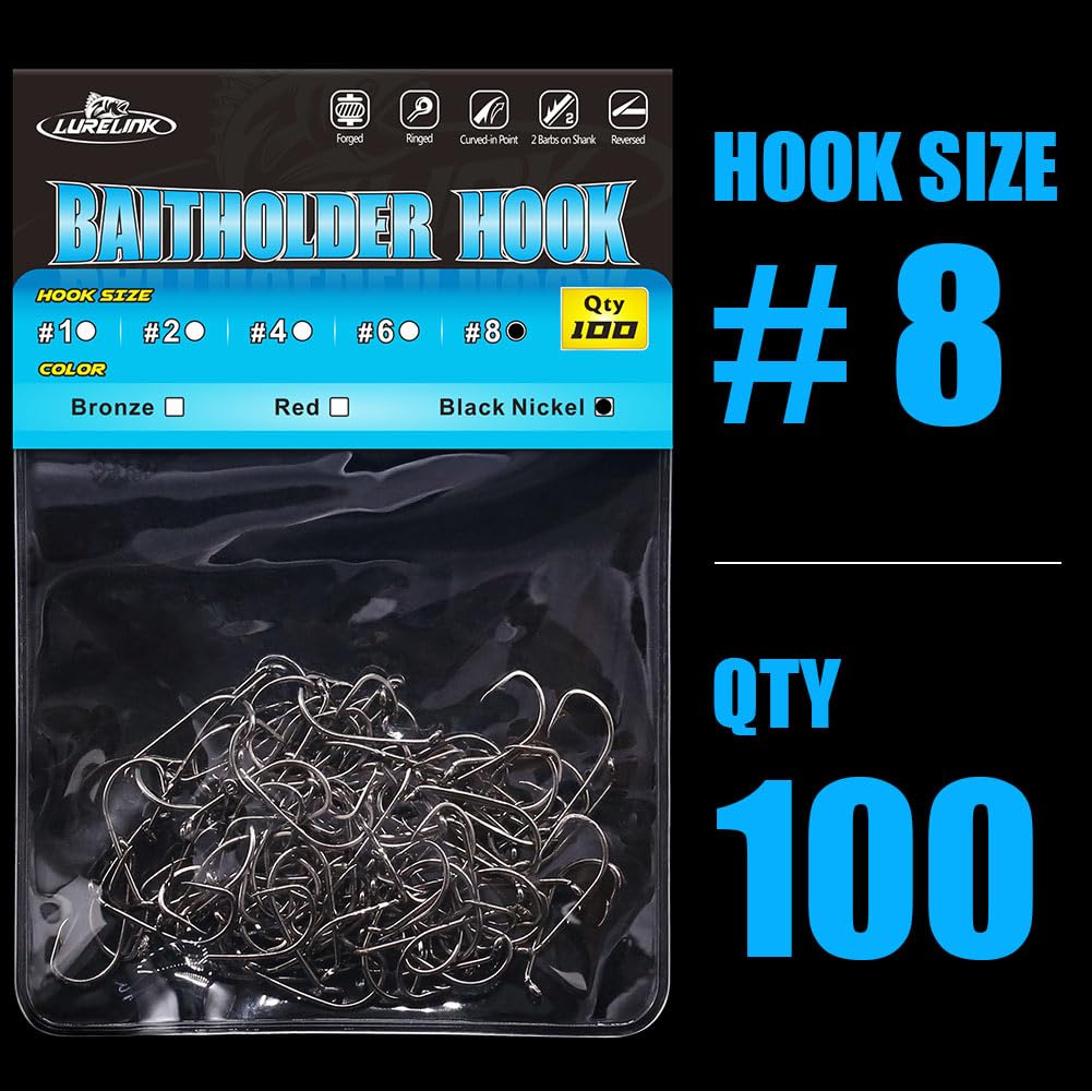 Baitholder Fishing Hooks 100 Pack - Double-Barbed Long Shank for Bluegill Bass Trout Walleye Black/Red, 8/0-#8 (2-Black, Size:8 100-Pack)