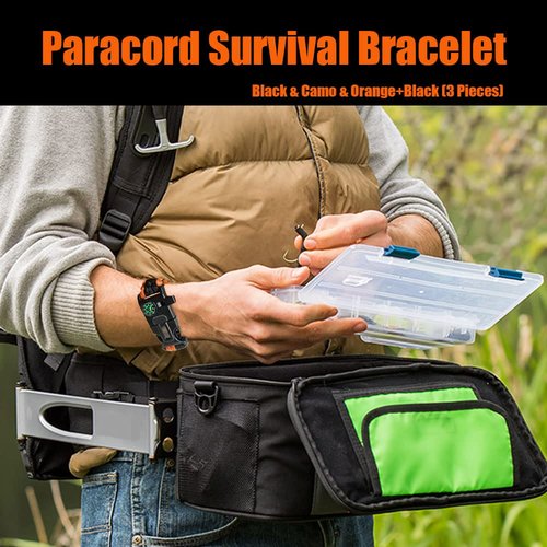 DIHAIMI Paracord Survival Bracelet (3 Pieces), Practical Five Functions, Fire Starter, Loud Whistle, Reliable Compass, Rope Cutter, Reliable Paracord, Black & Camo & Orange+Black