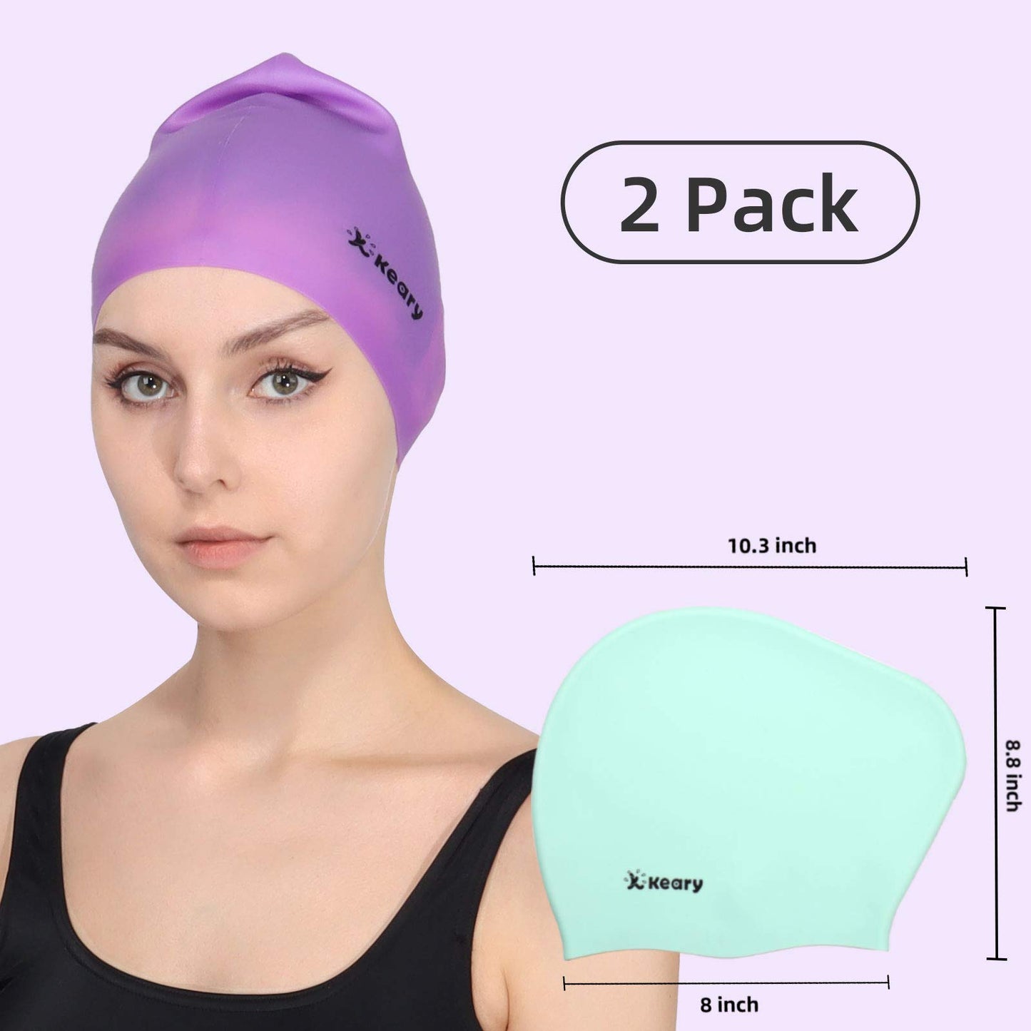 Keary 2 Pack Silicone Swim Cap for Long Hair Women Girls Waterproof Pool Swimming Cap Cover Ears to Keep Your Hair Dry, 3D Ergonomic Stretchable Durable and Anti-Slip, Easy to Put On and Off