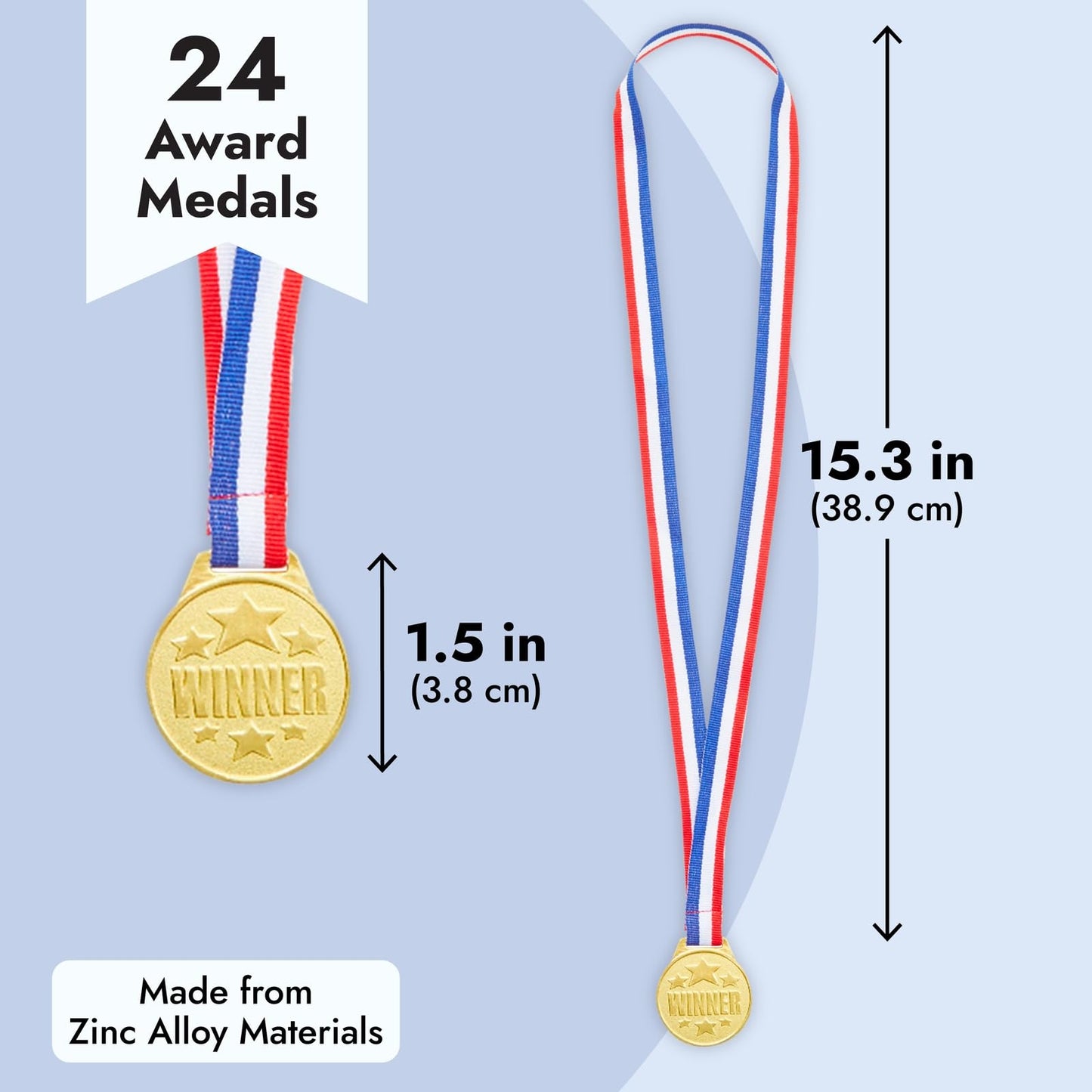 Juvale Gold Medals for Awards - 1.5 in Metal Winner Medals with 15.3 in Red, White & Blue Ribbon - Bulk 24 Pack for Kids & Adults Sports, Academic & Tournament Participation