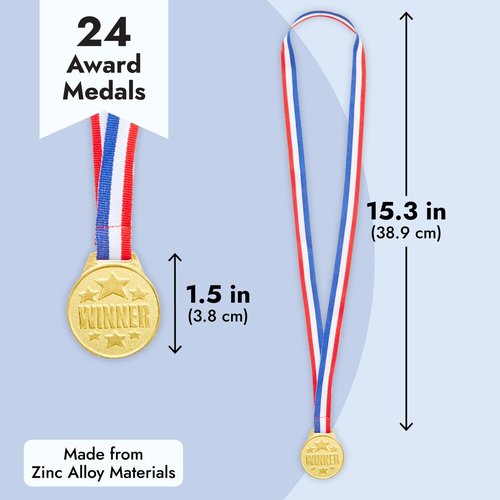 Juvale Gold Medals for Awards - 1.5 in Metal Winner Medals with 15.3 in Red, White & Blue Ribbon - Bulk 24 Pack for Kids & Adults Sports, Academic & Tournament Participation