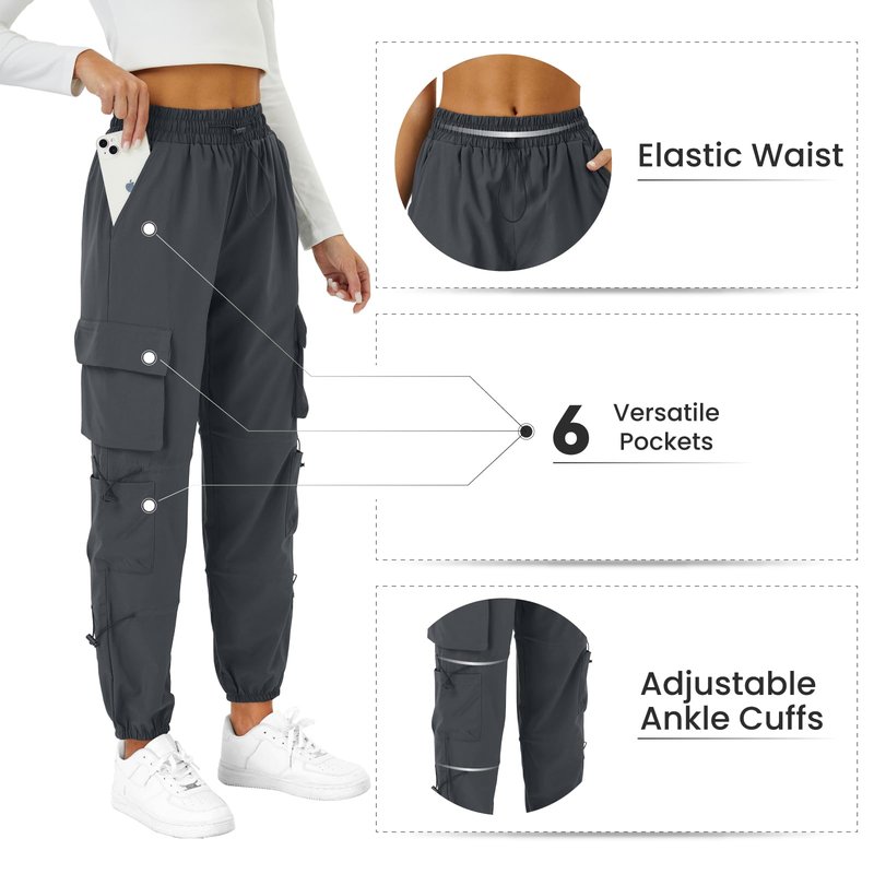 COPYLEAF Womens Parachute Cargo Pants with Pockets Quick Dry Hiking Pants Lightweight Water-Resistant Baggy Joggers(Grey M)