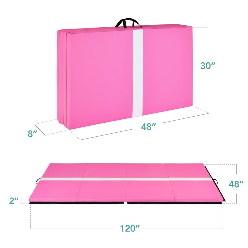 Best Choice Products 10ftx4ftx2in Folding Gym Mat 4-Panel Exercise Gymnastics Tumbling Workout Fitness Floor Mats w/Carrying Handles - Pink Stripe