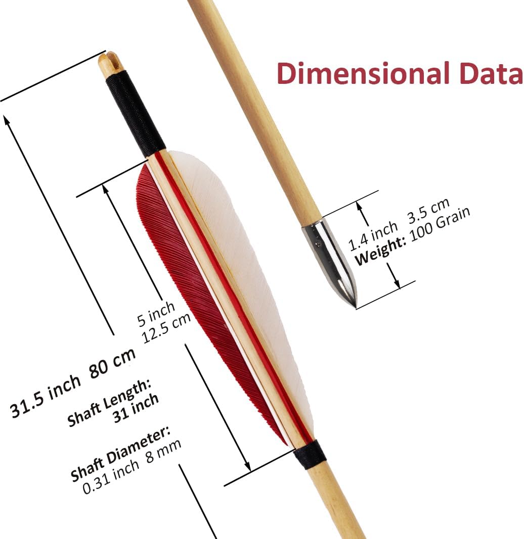 12 Pcs Archery Wooden Arrows with Feathers Handmade Targeting Arrows for Traditional Bow Recurve Bow Longbow for Adults 31inch