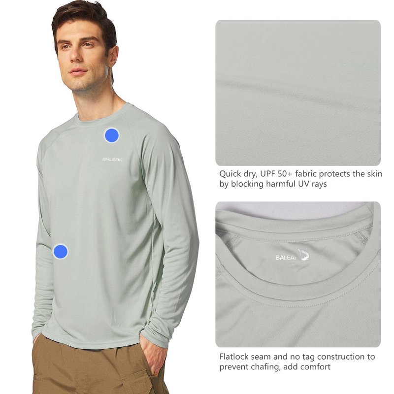 baleaf Mens UPF 50+ Sun Protection Shirts Long Sleeve Rash Guard, Quick Dry 4-Way Stretch for Fishing Swimming Surfing 2 Pack-Gray 3XL