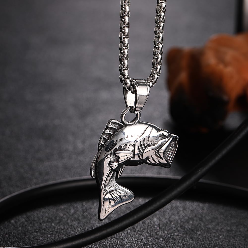BaBakiak Largemouth Bass Fish Necklace, Fisherman Stainless Steel Jumping Bass Pendant