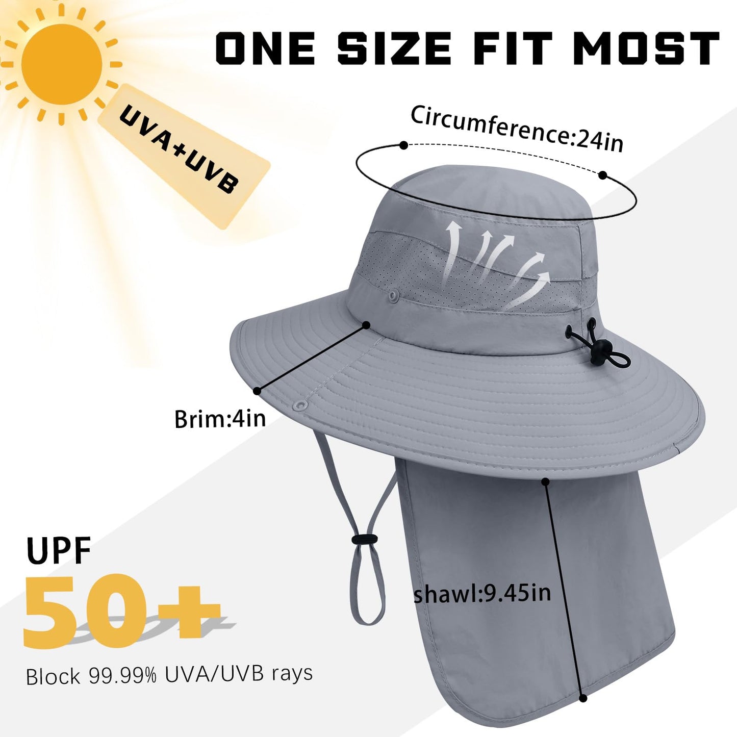 Sun Hats for Men Women, UPF50+ Protection Safari Hat,Wide Brim Fishing Hat with Neck Flap,Bucket Hats for Beach Hiking Darkgrey