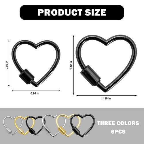 6pcs Heart Shape Screw Carabiner Keychain, Metal Heart Keychain Clip, Multi-Function Small Cute Locking Carabiner Hook in Gold White Black(30mm & 25mm)