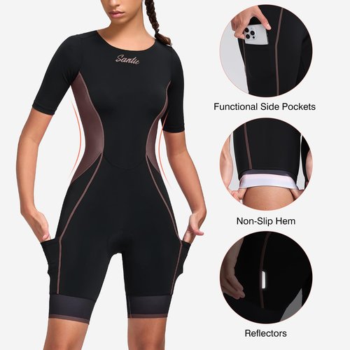 Santic Triathlon Suit for Women Short Sleeve Padded Trisuit Quick-Dry for Swim Bike Run,Brown,M