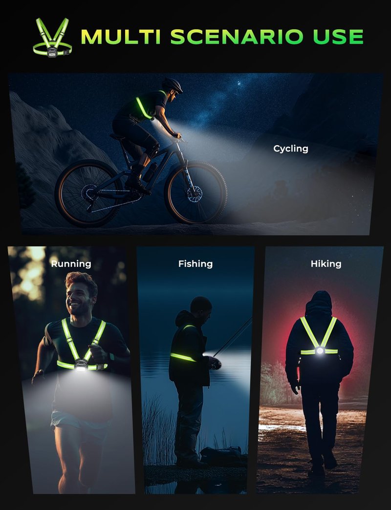 Viccux 500LM High-Visibility Running Lights for Runners, Adjustable 45° Beam & 360° Reflective Vest, IPX4 Waterproof Running Vest Light for Night Walking/Cycling/Jogging, 3.5-20Hrs Runtime