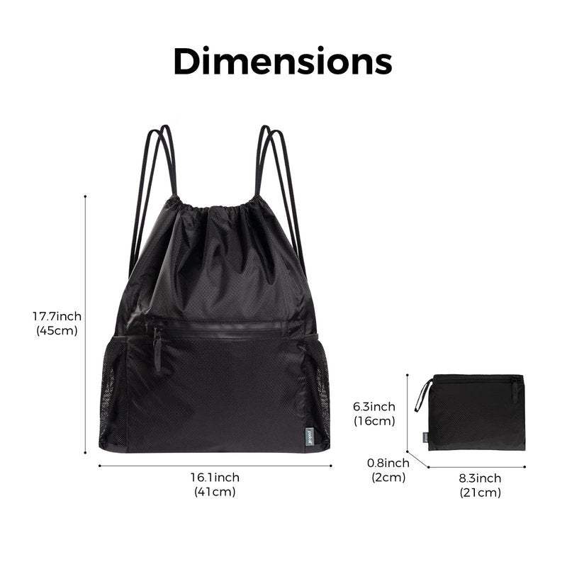pack all Drawstring Bag Backpack, Water-Resistant Sports Gym Sack Bag, Lightweight Training String Bag with Waterproof Zipper Pocket and Water Bottle Holder(Black)