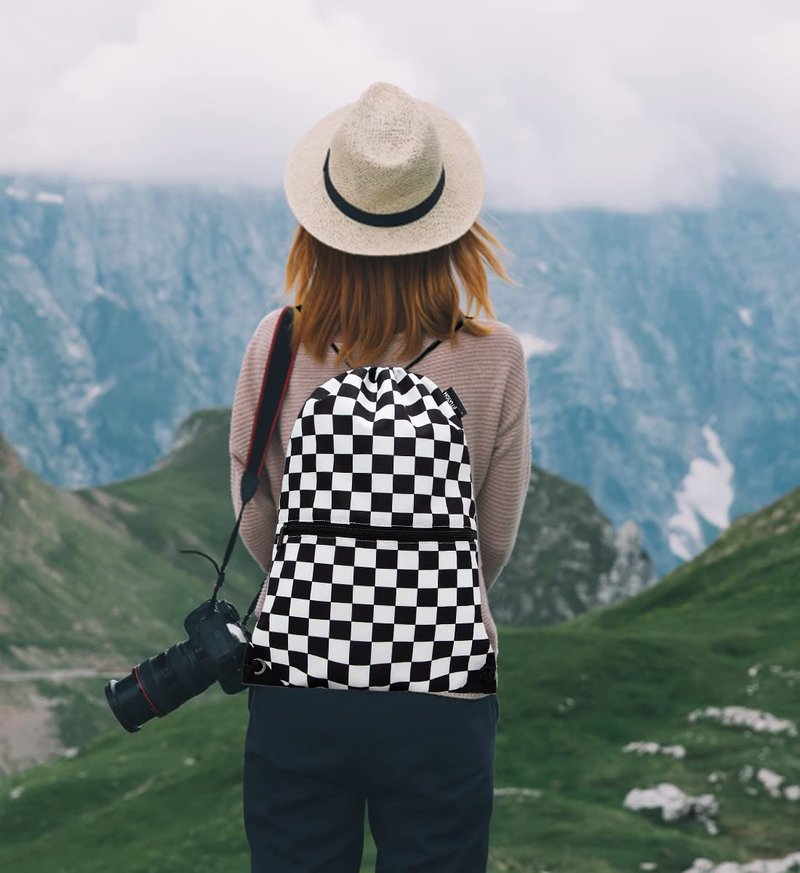 HOLYLUCK Drawstring Backpack Bag Sport Gym Sackpack (Black and white grid)