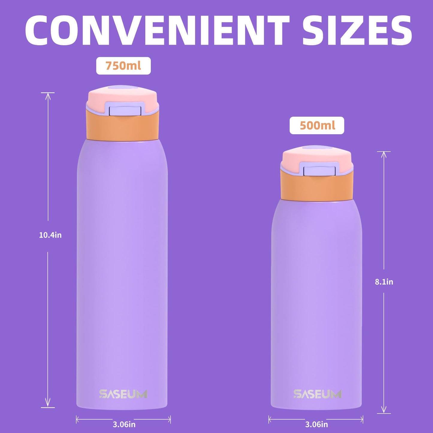 Saseum Water Bottle with Straw, 24 oz Free-Sip Double-Wall Vacuum Insulated Stainless Steel Bottle, One-Click Open Design with Soft Silicone Spout, BPA-Free, Ideal for School, Sports & Travel