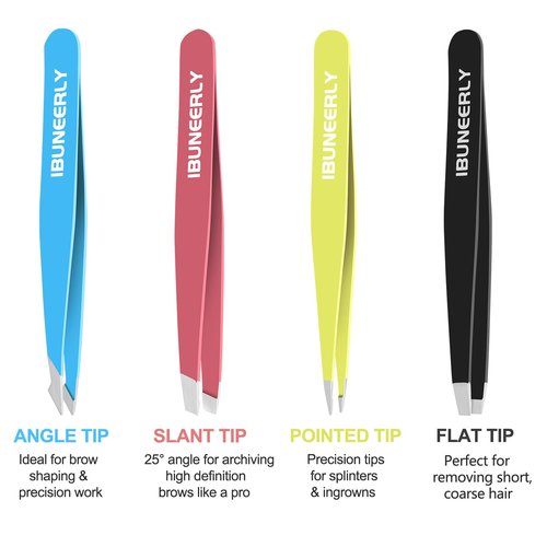 iBuneerly Eyebrows Tweezers Set, 4Pcs Stainless Steel Tweezers for Women with Travel Case, Great Precision for Ingrown Hair, Facial Hair and Splinter Removal