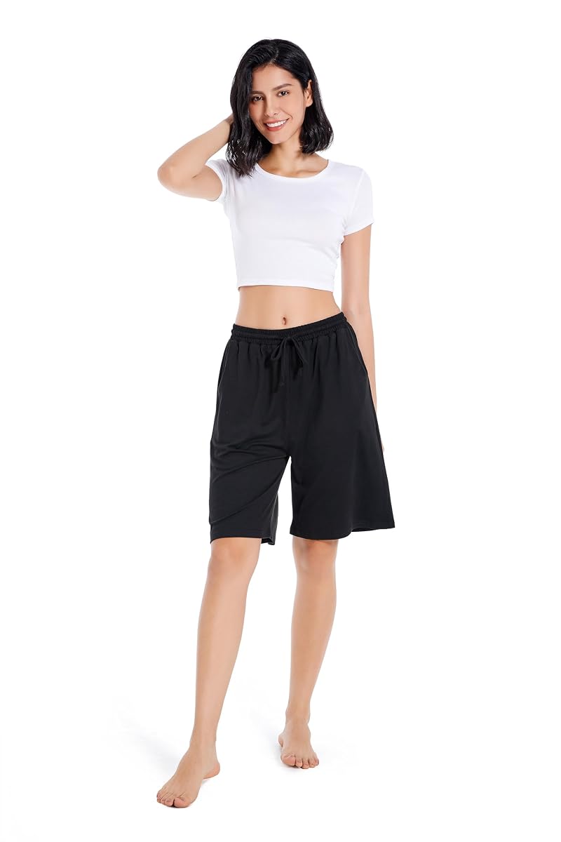 CULAYII Women’s Bermuda Shorts - Long Athletic Yoga Shorts with Pockets, Black, Medium
